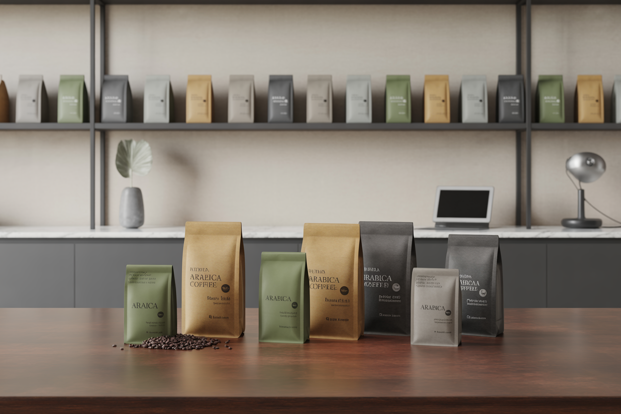 Premium Arabica green coffee sample bags in modern showroom