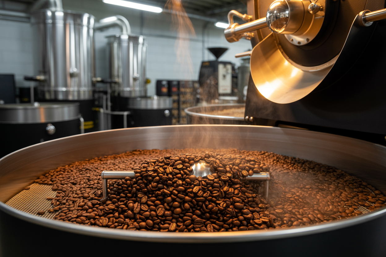 Freshly roasted Arabica coffee beans cooling after roasting