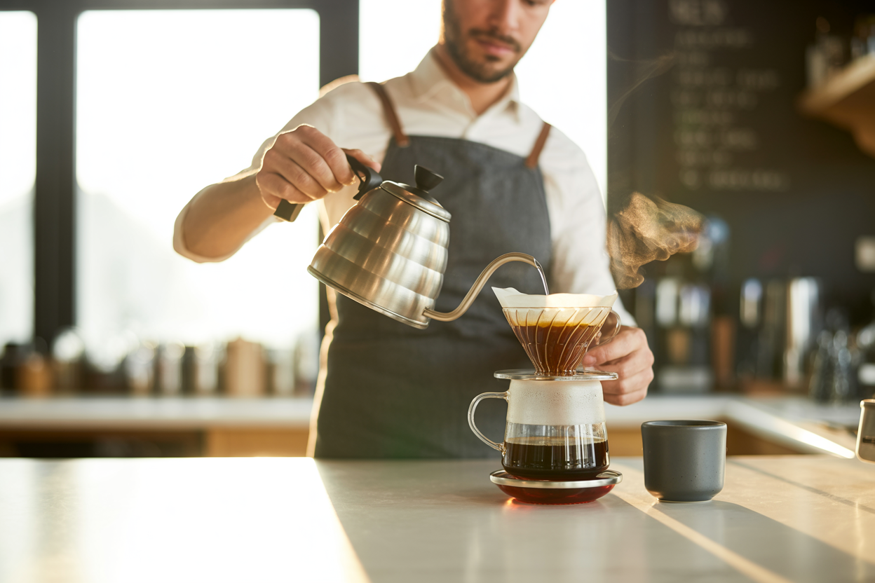 Barista brewing Arabica roasted coffee in a specialty cafe setting