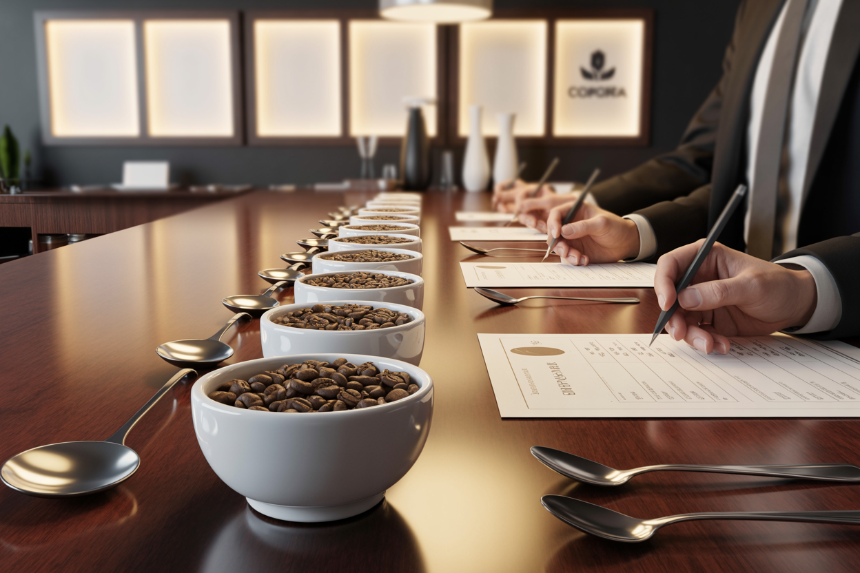Arabica roasted coffee cupping session for flavor evaluation