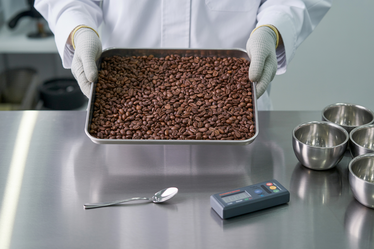 Quality control inspection of Arabica roasted coffee beans