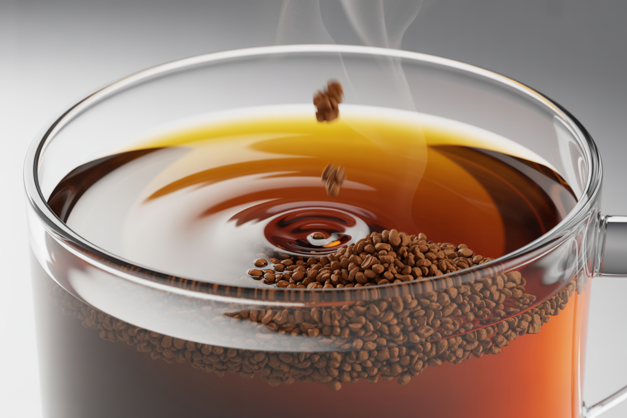 Close-up arabica instant coffee granules dissolving in hot water