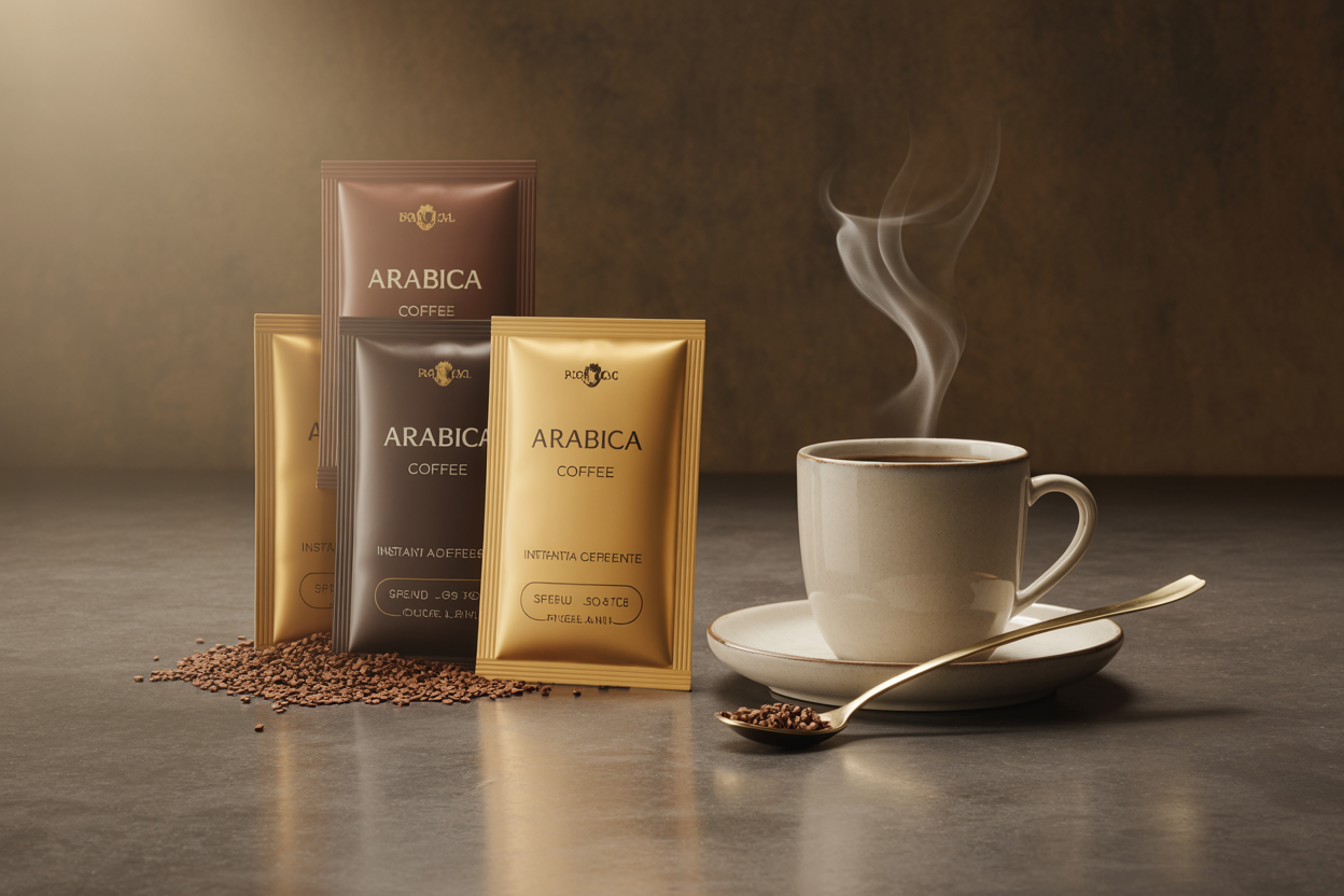 Arabica instant coffee sachets and steaming cup in premium packaging display
