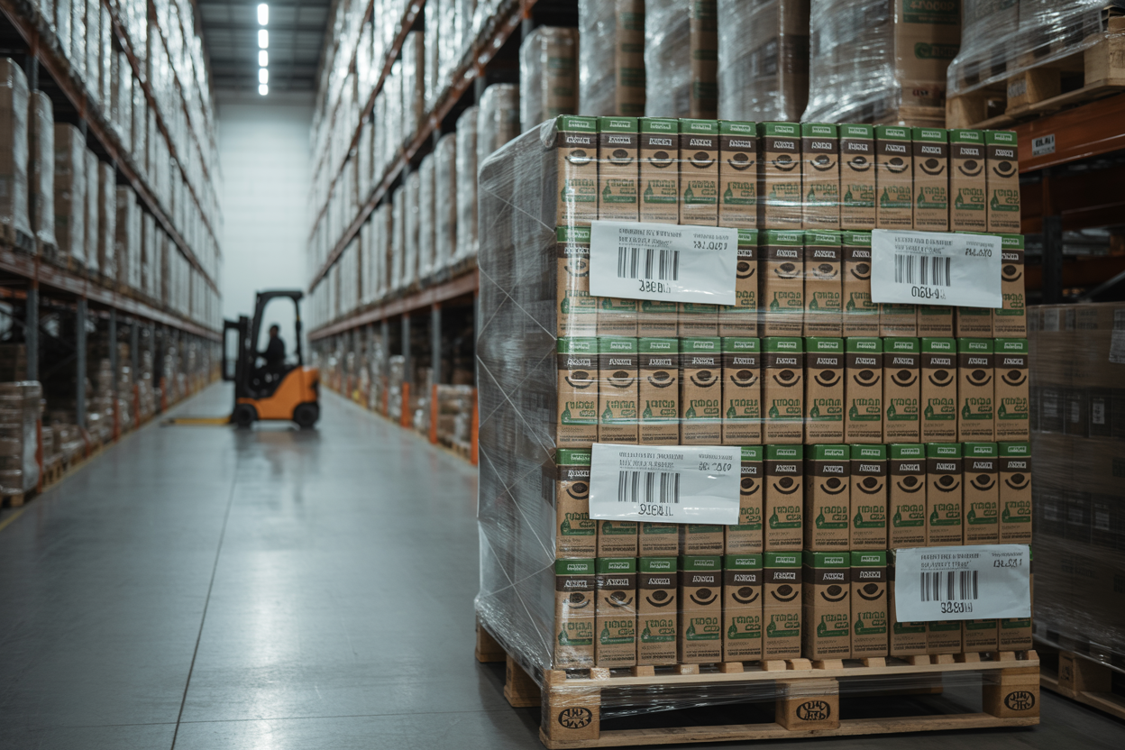 Arabica instant coffee export pallets in organized warehouse logistics