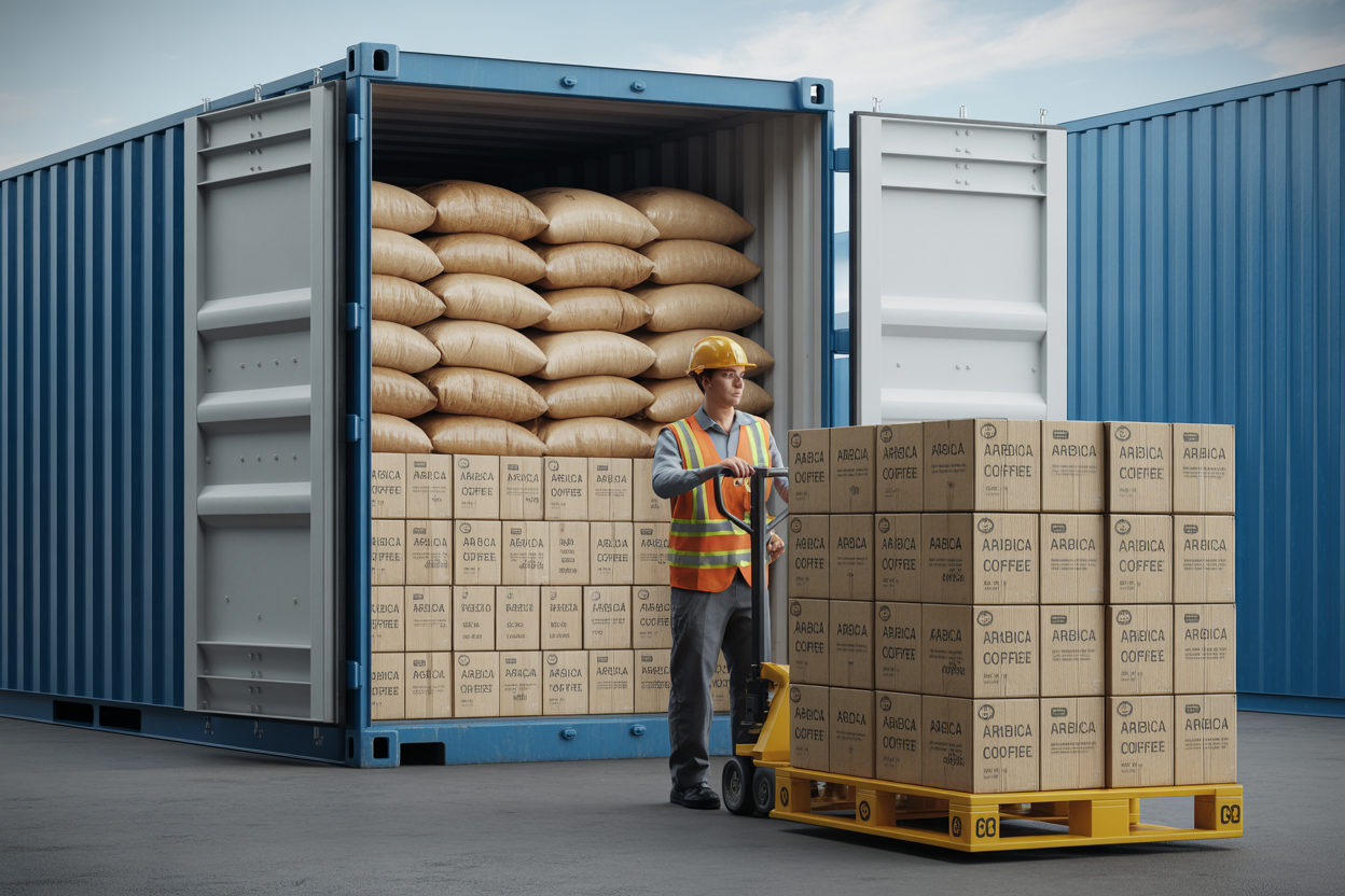 Bulk arabica instant coffee bags loaded for international shipping