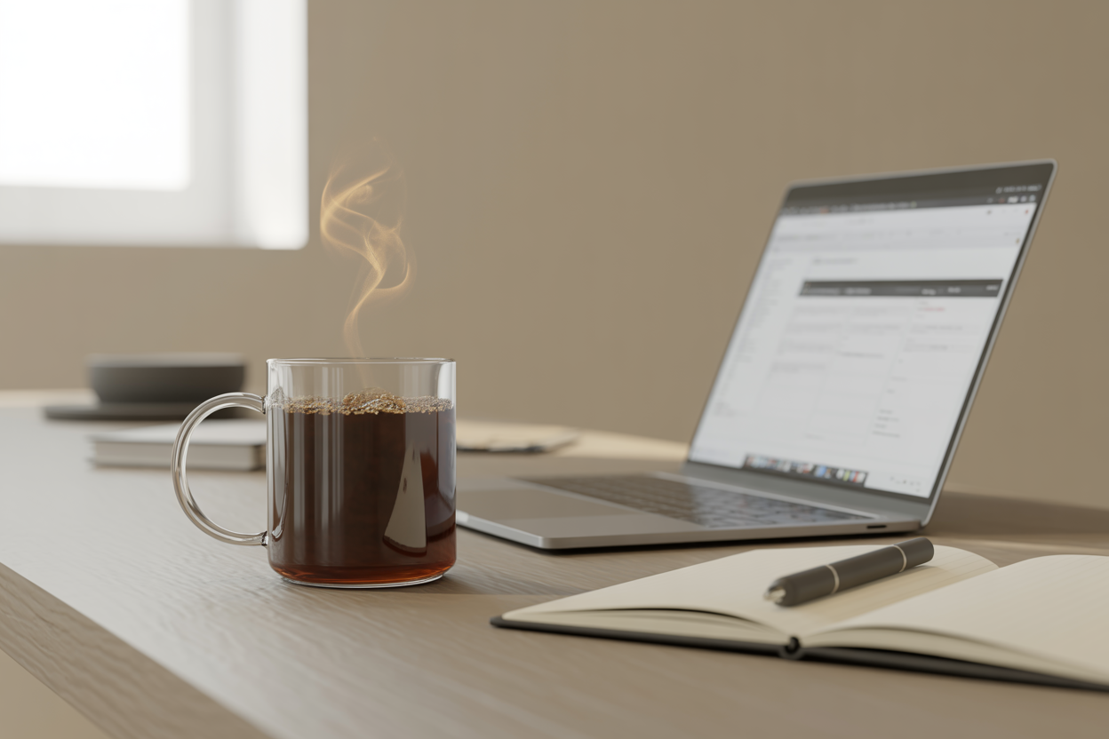 Elegant mug of arabica instant coffee on a modern office desk