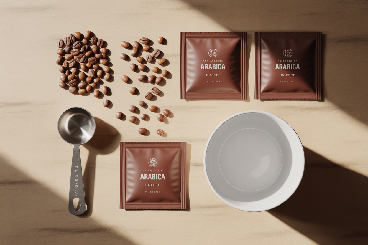 Top view of arabica instant coffee sachets beans and spoon
