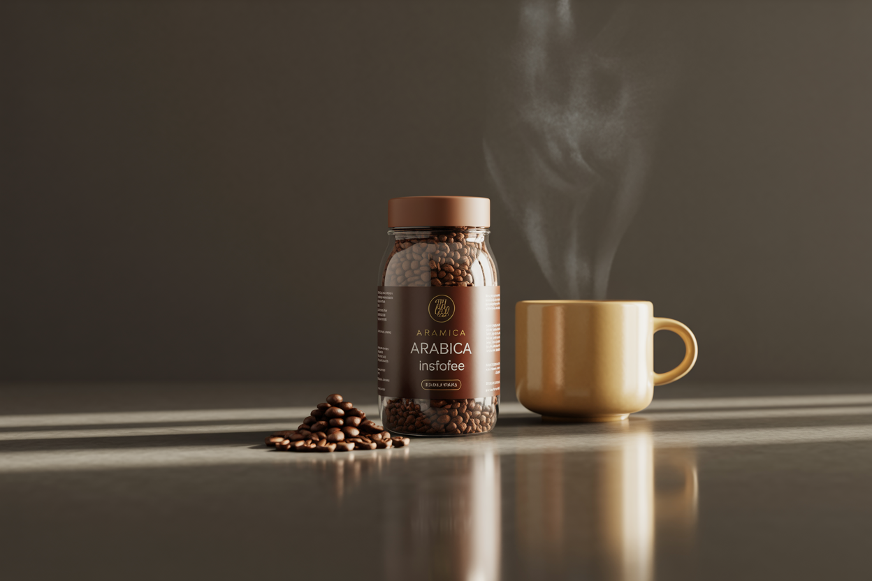 Arabica instant coffee branded jar with cup and roasted beans