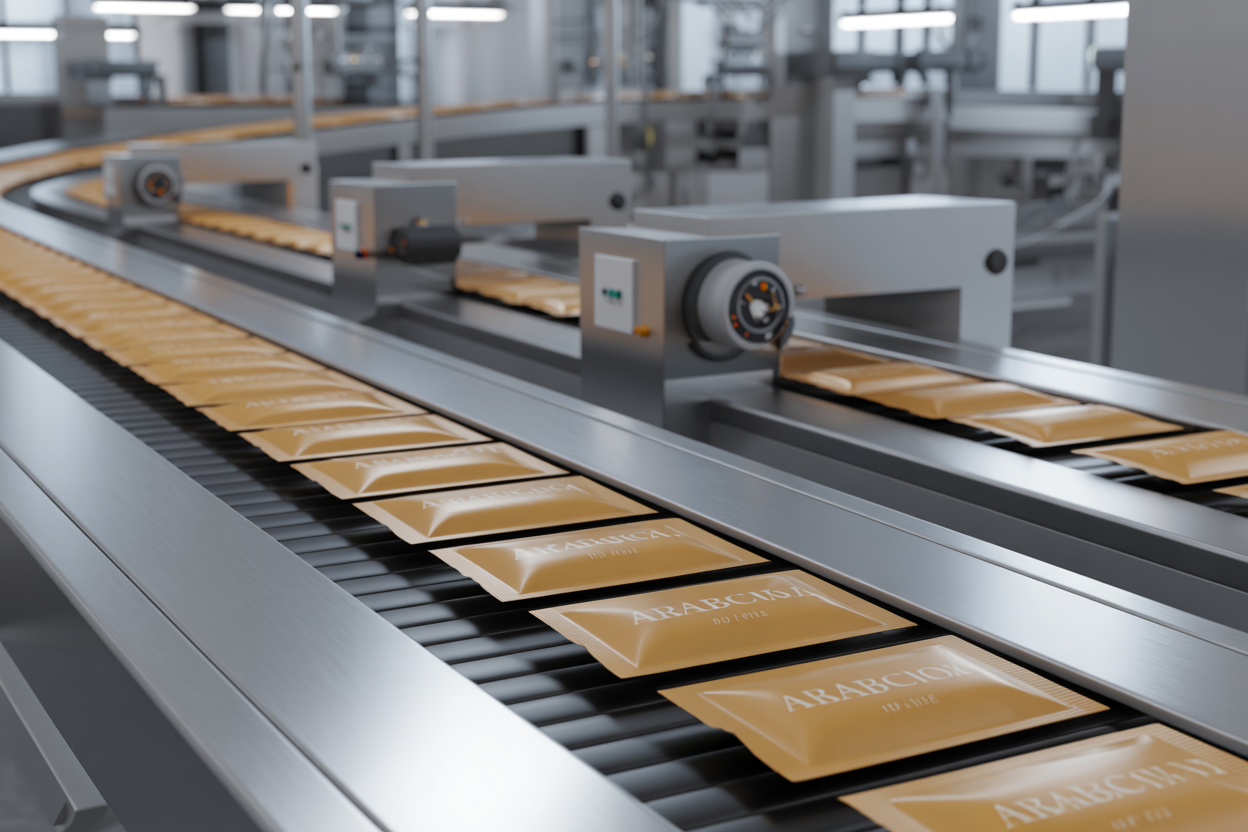 Arabica instant coffee sachets being sealed and labeled on packaging line