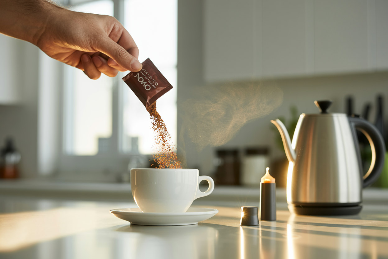 Pouring arabica instant coffee into a ceramic cup in bright kitchen