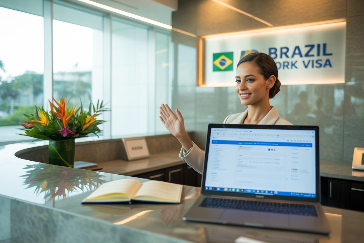 Corporate receptionist welcoming clients at Brazil Work Visa contact desk