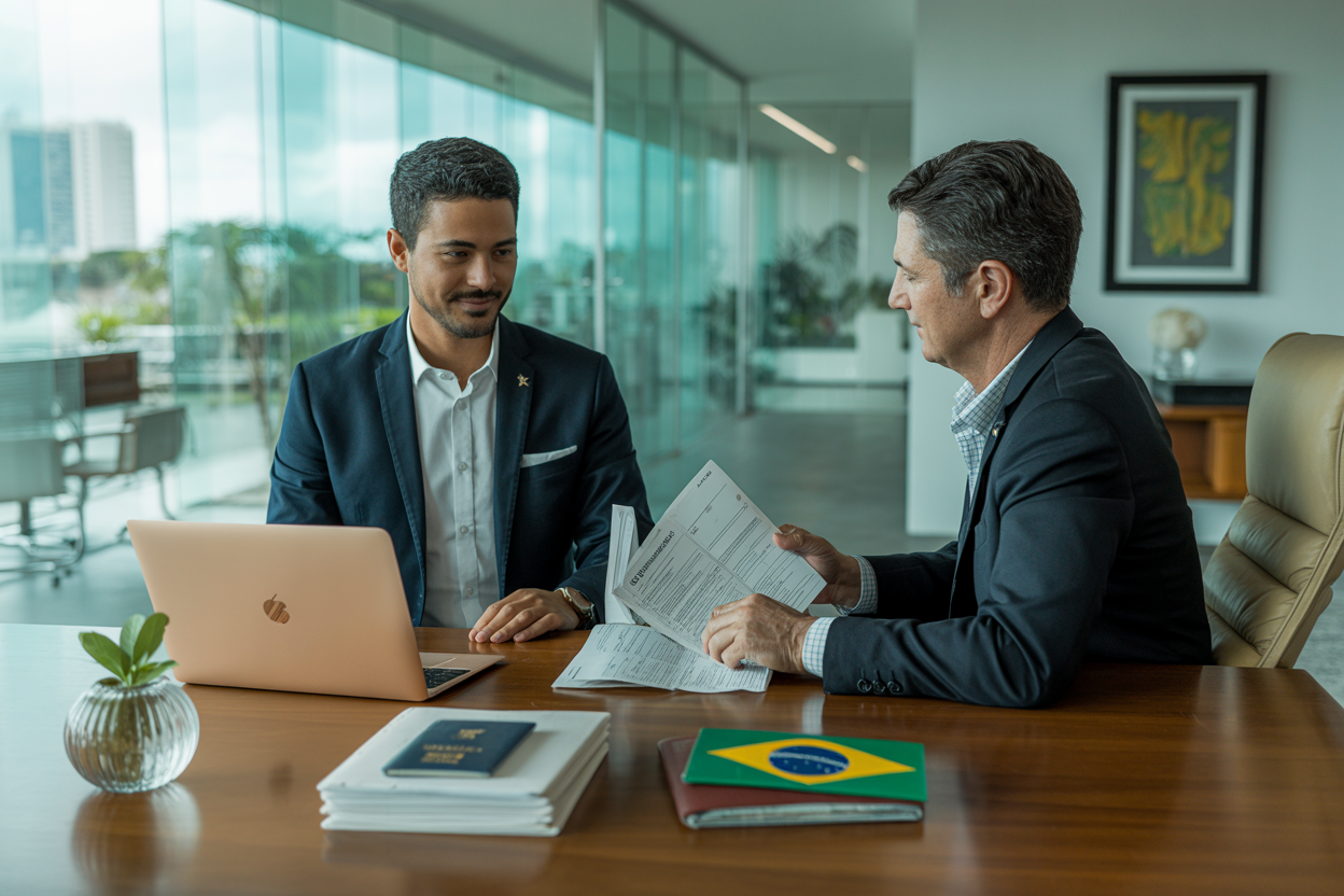 Brazil work visa consultants advising foreign investor in modern office