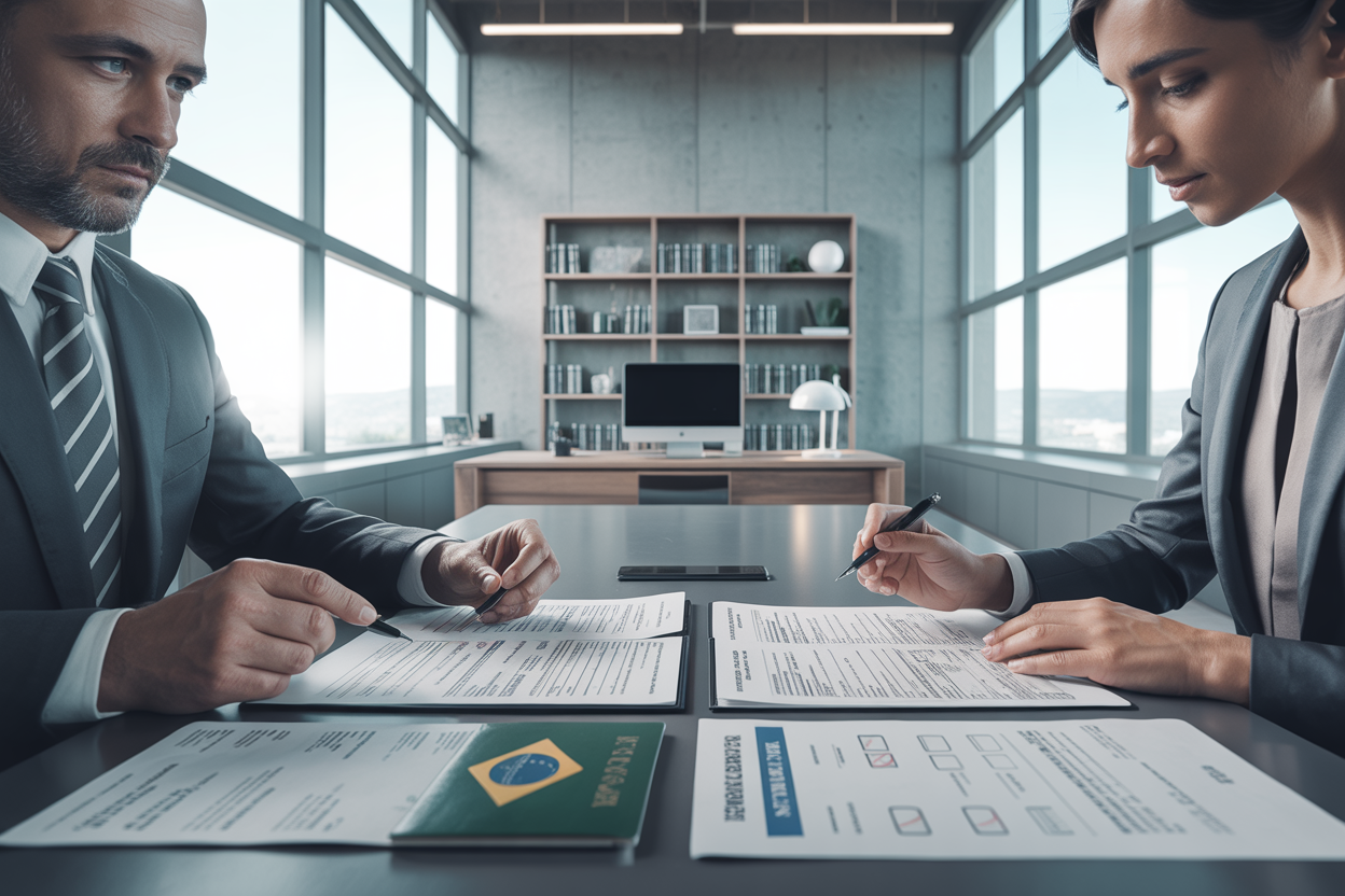 Immigration lawyer reviewing work visa Brazil documents with client