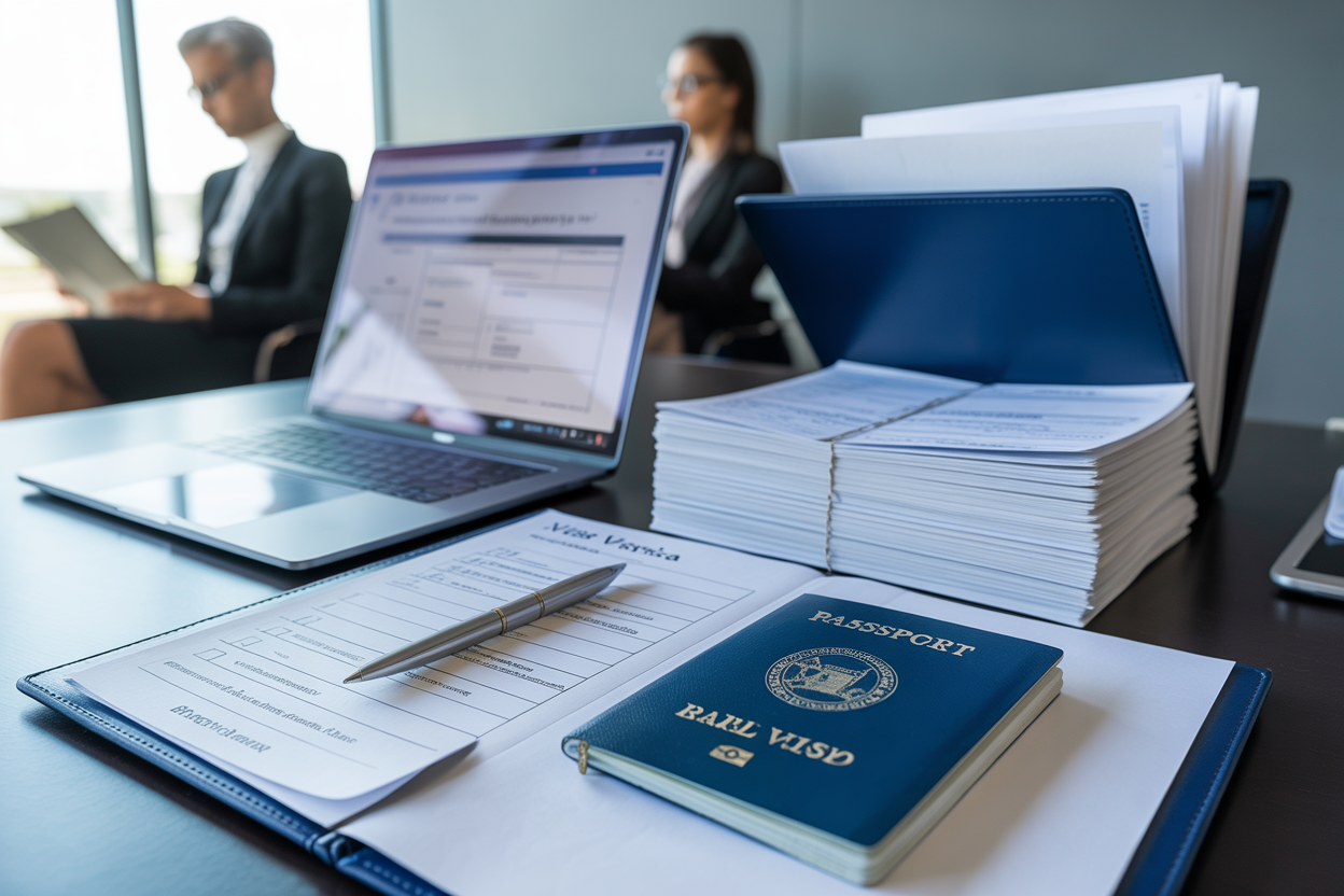 Brazil visa assistance desk with passport, forms, and checklist