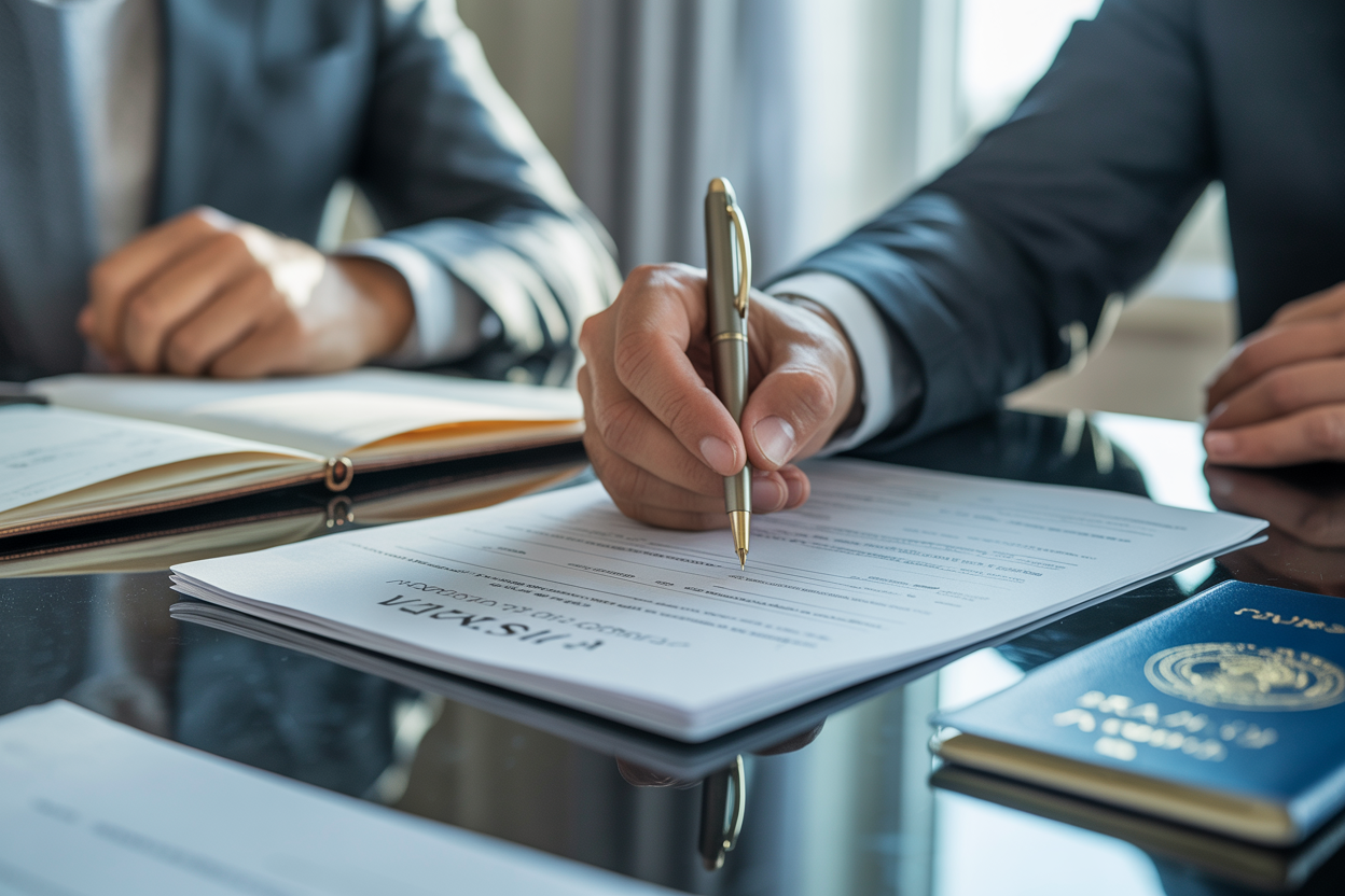 Hands signing Brazil work visa paperwork at polished conference table