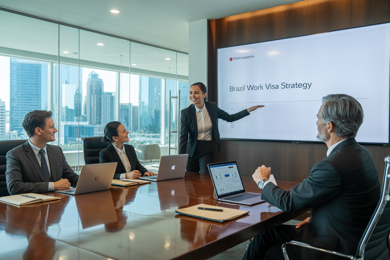 Confident legal team presenting Brazil work visa strategy to investor
