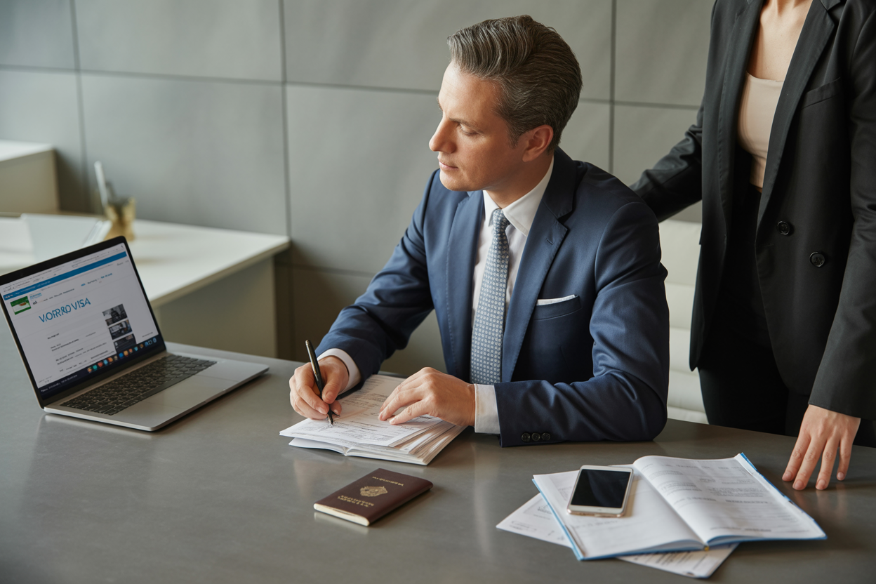 Foreign professional applying for Brazil work visa at corporate office