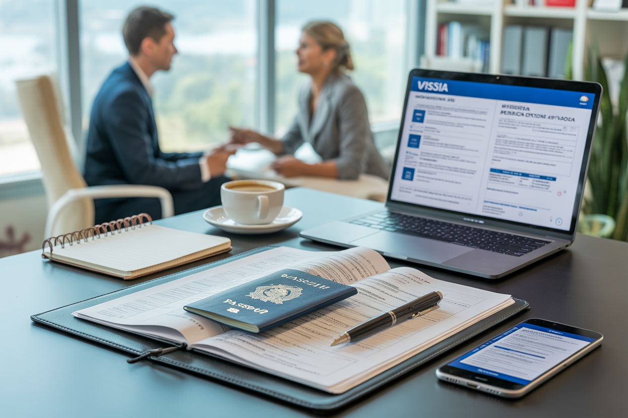 Brazil work visa application documents on modern office desk