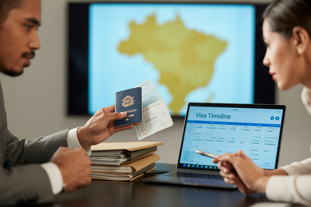 Brazil work visa advisor with passport and travel documents