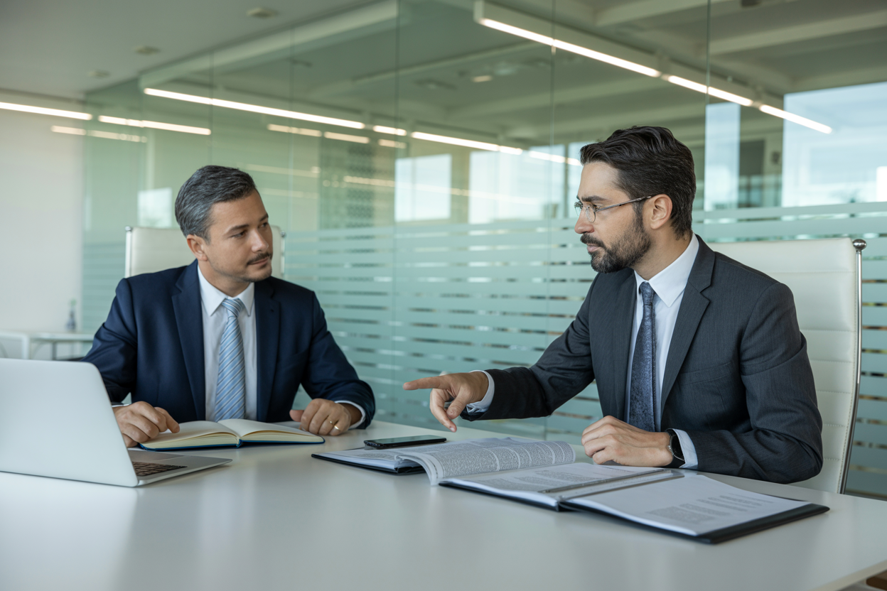 Foreign business owner discussing Brazilian credit title enforcement with advisor