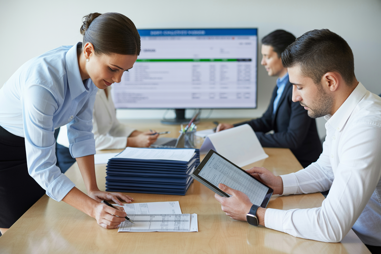 Debt collection office reviewing invoice and duplicata credit title records