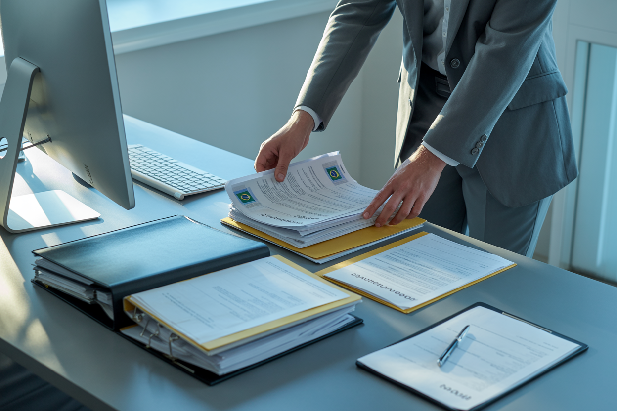 Brazilian collection specialist organizing contracts and promissory notes digitally
