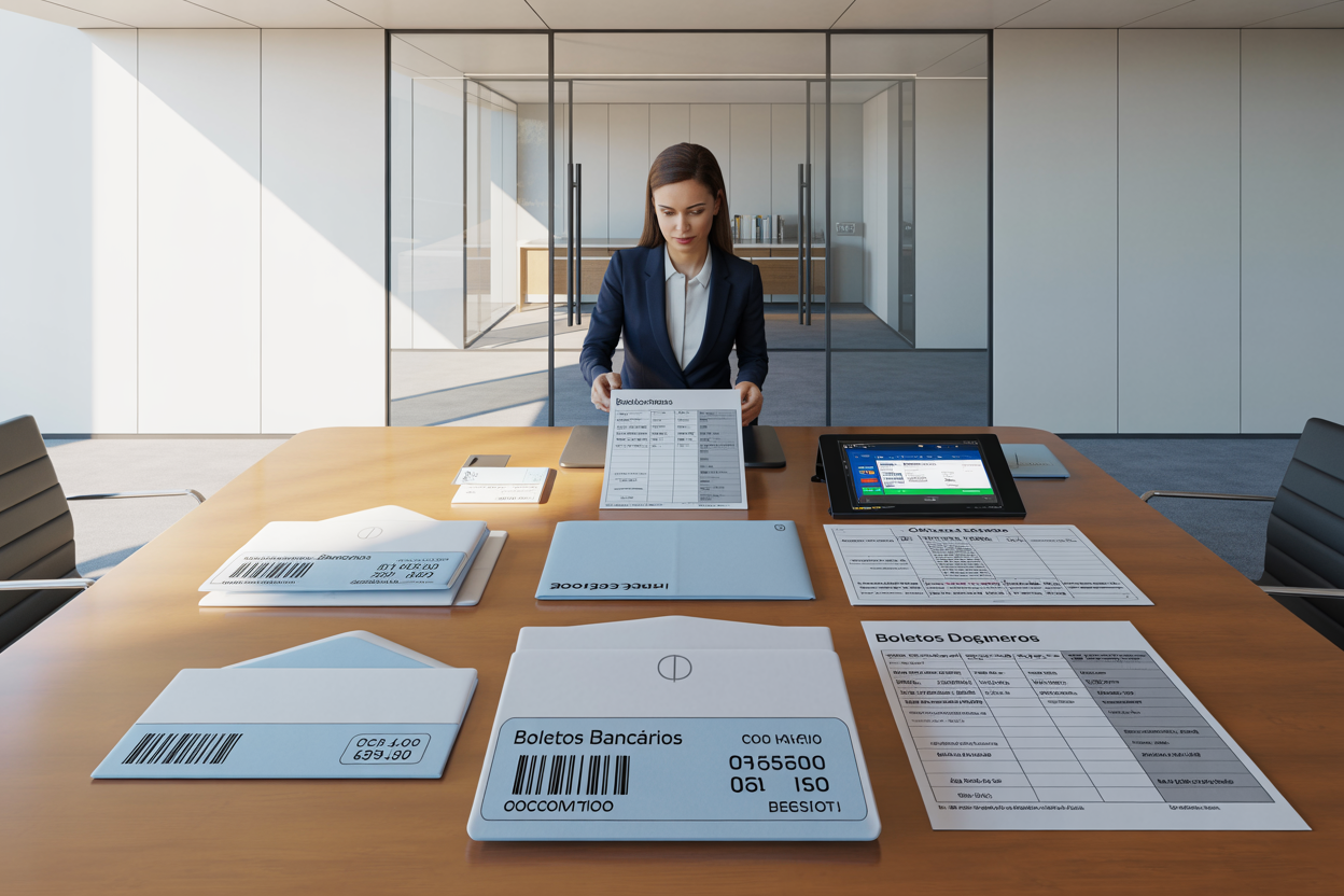Modern legal office handling boletos and payment obligation documents in Brazil
