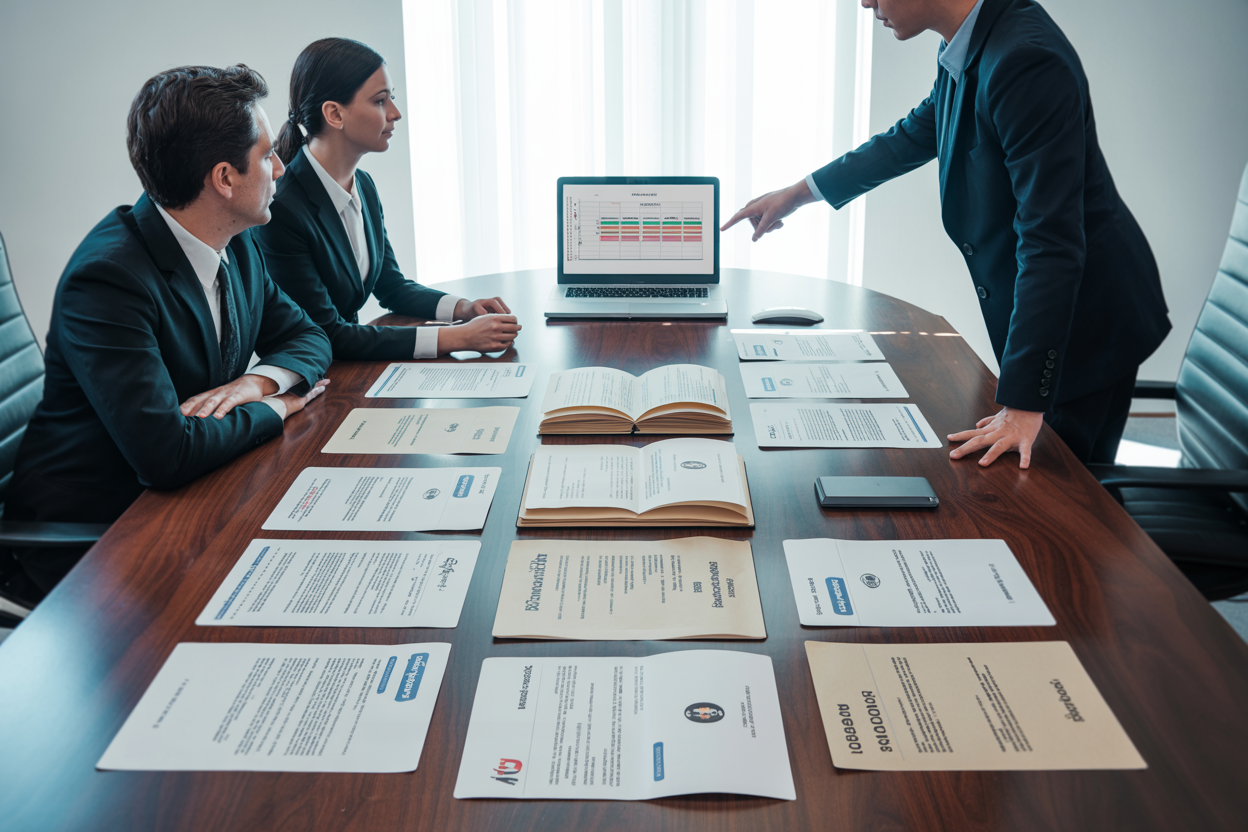Commercial collection team examining commercial paper titles in São Paulo office