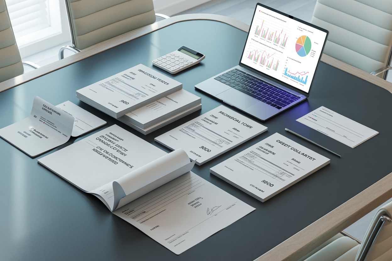 Financial documents and credit titles arranged for debt collection analysis