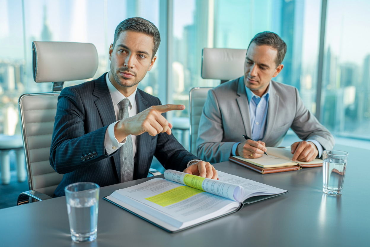 Brazilian attorney reviewing enforceable debt instruments in a conference room