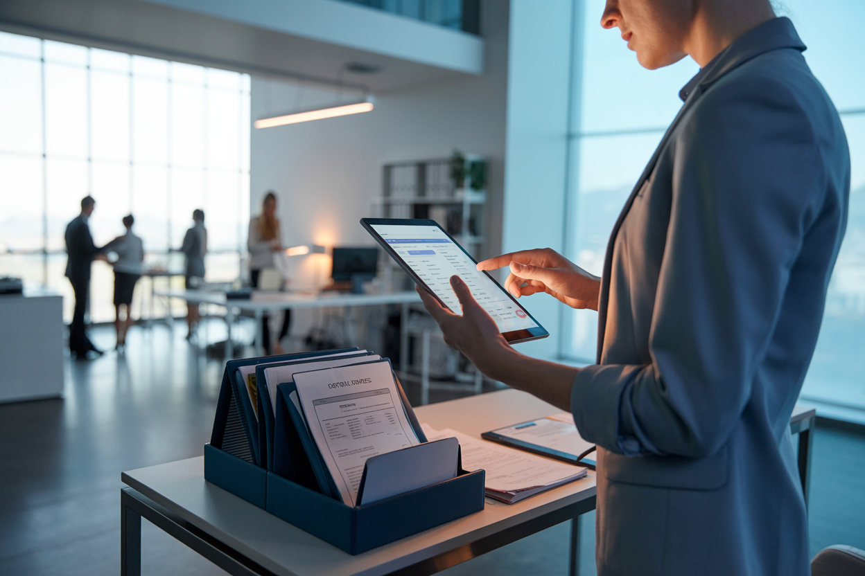 Debt collection specialist using tablet to track Brazilian credit title status
