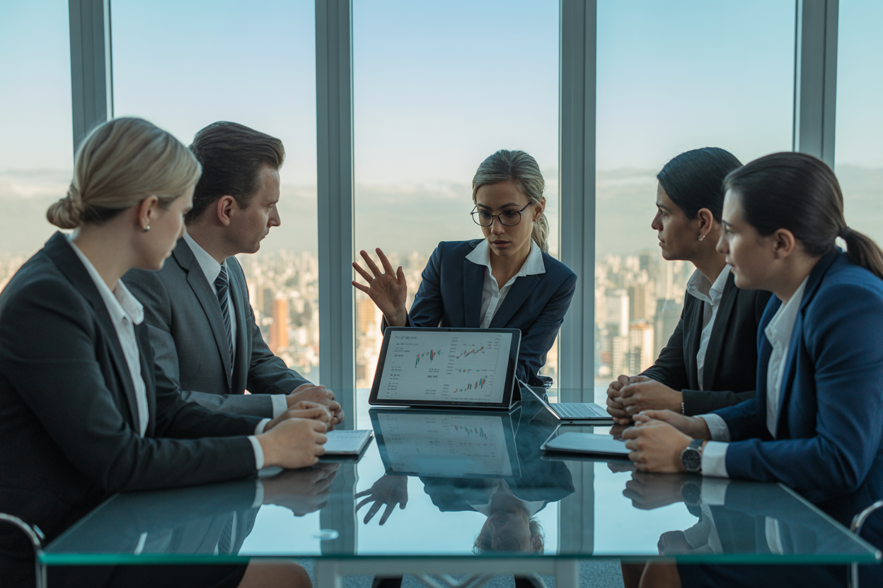 International debt recovery consultation meeting in a Brazilian office